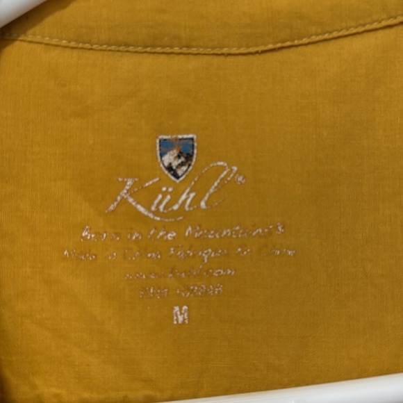 Kuhl Yellow Mustard Organic Blend Cotton 3/4 Sleeve Roll Up Tab Henley Shirt M - Picture 2 of 9